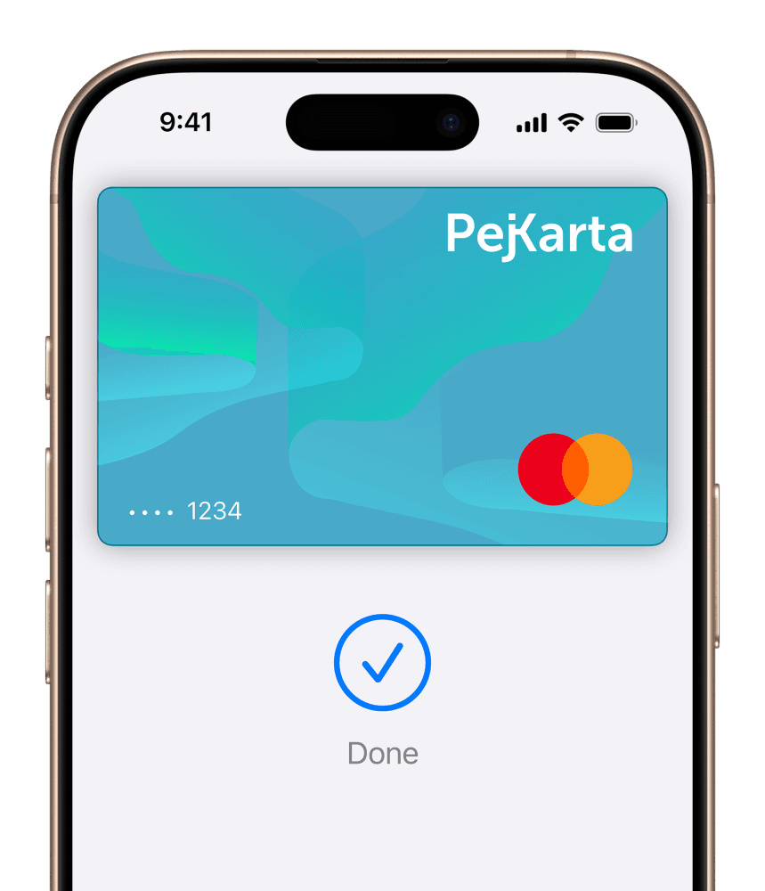 Zrzut ekranu smartfona przedstawiający kartę płatniczą „PejKarta” Mastercard dodaną do portfela mobilnego. Na dole widnieje niebieski symbol wyboru oraz napis „Gotowe”, co oznacza zakończenie procesu.